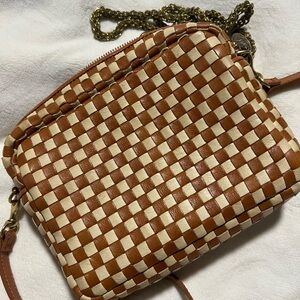 Clare V. Designer Woven Leather Crossbody w/ Additional Gold Chain Strap